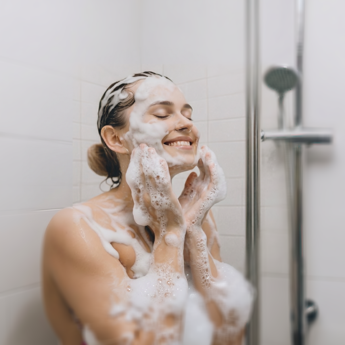 Woman showering with rich soap lather — soft water results from MiniMax water softene